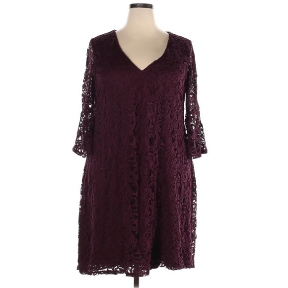 Lane Bryant size 18/20 burgundy stretch lace 3/4 bell sleeve v-neck lined dress - Picture 1 of 13